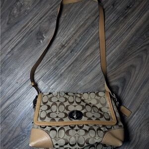 Coach Signature F13066 Turnlock Flap Shoulder Bag Tan Khaki Leather Trim